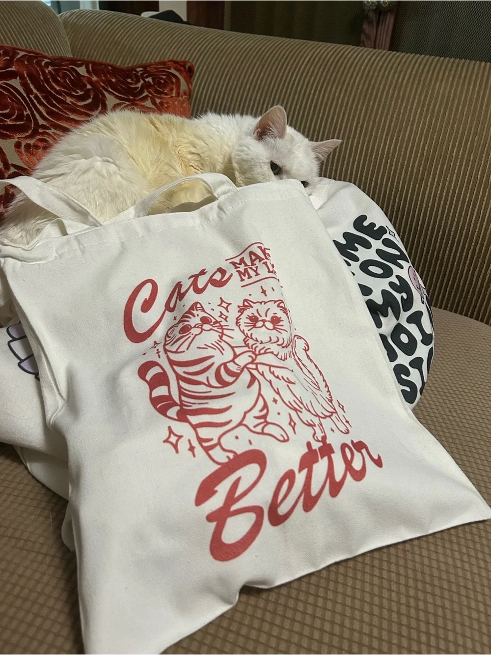 Cats Make My Life Better Cotton Tote Bag - White with Red Print NWOT.
